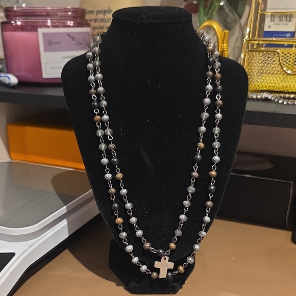 lula'n lee Jewelry - Dual-Strand Rosary Necklace with Cross Pendant - Black, Gray, Gold